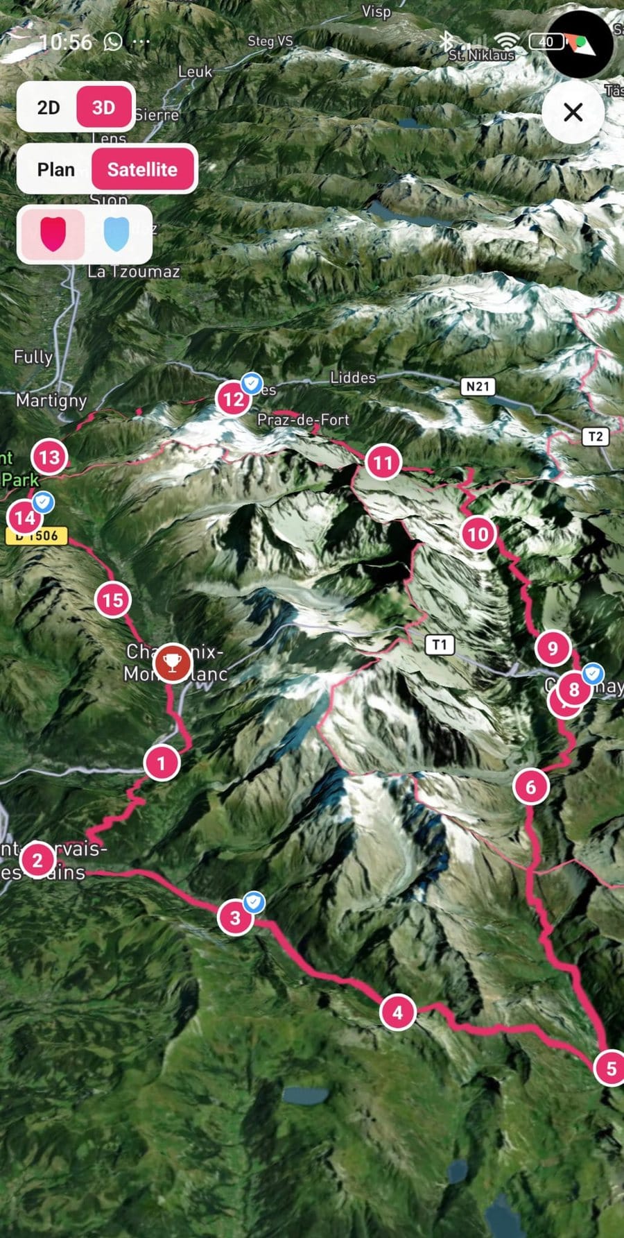 La carte 3D du parcours sur mobile